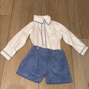 Rachel Riley White Button-Down Shirt with Blue Trim & Blue Shorts